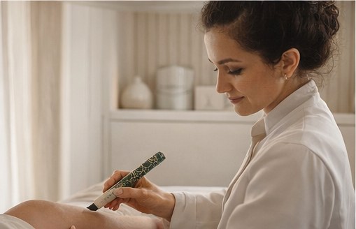 Dra. Izabella Bandeira realizando moxabustão durante atendimento